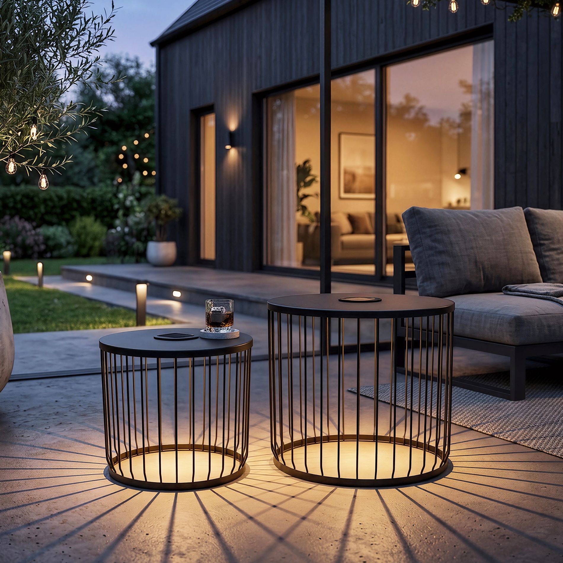 GDFStudio Chione 2 Piece Modern Solar Powered Nesting Table Set, Black