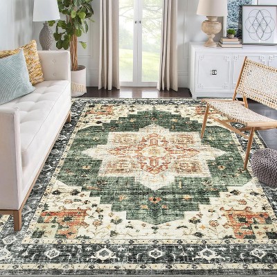 9x12 Area Rug Washable, Low-Pile Rug with Non-Slip Rubber Backing, Boho Vintage Style, Ideal for Bedroom Living Room Home Office Playroom, Blue