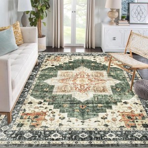9x12 Area Rug Washable, Low-Pile Rug with Non-Slip Rubber Backing, Boho Vintage Style, Ideal for Bedroom Living Room Home Office Playroom, Blue - 1 of 4