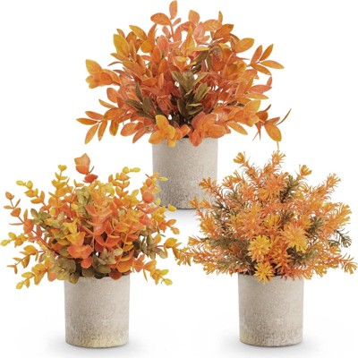 BRINJOY 3 Pack Fall Mini Potted Fake Plants Artificial Plastic Eucalyptus Decorations for Home Office Desk Farmhouse Room Bathroom Fall Decor