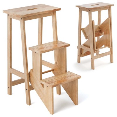 Costway 3 Tier Folding Step Stool 3-in-1 Rubber Wood Ladder Storage Shelf Coffee/Brown/Natural/White