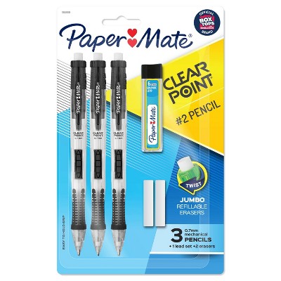 Paper Mate Clear Point 3pk #2 Mechanical Pencils with Eraser & Refill 0.7mm Black: Led Pencils, Rubber Grip, Retractable