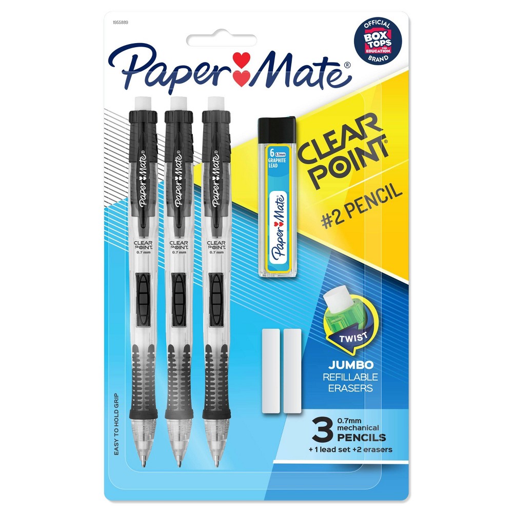 Paper Mate Clear Point 3pk #2 Mechanical Pencils with Eraser & Refill 0.7mm Black: Led Pencils, Rubber Grip, Retractable