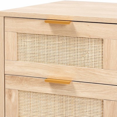 Light Oak Brown 16" Wood and Rattan Nightstand with Gold-Tone Handles