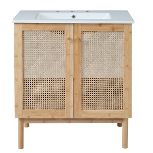 Vynxaria 30-Inch Wood Bathroom Vanity - Solid Bamboo, Handmade Rattan Doors, Ceramic Sink - Space-Saving for Small Bathrooms - 1 of 4