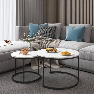GlasFlength End Table Set of 2, Industrial Wood Finish with Sturdy Metal Frame for Living Room, Bedroom, Patio, White, 27.56"*27.56"*17.72"