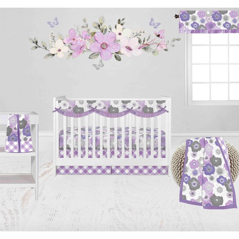 Bacati - Watercolor Floral Purple Gray 6 pc Crib Bedding Set with Long Rail Guard Cover, 1 of 12