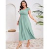 Coolmee Women Plus Size Casual Smocked Round Neck Short Sleeve Midi A-Line Flutter Dress With Pocket - 3 of 4