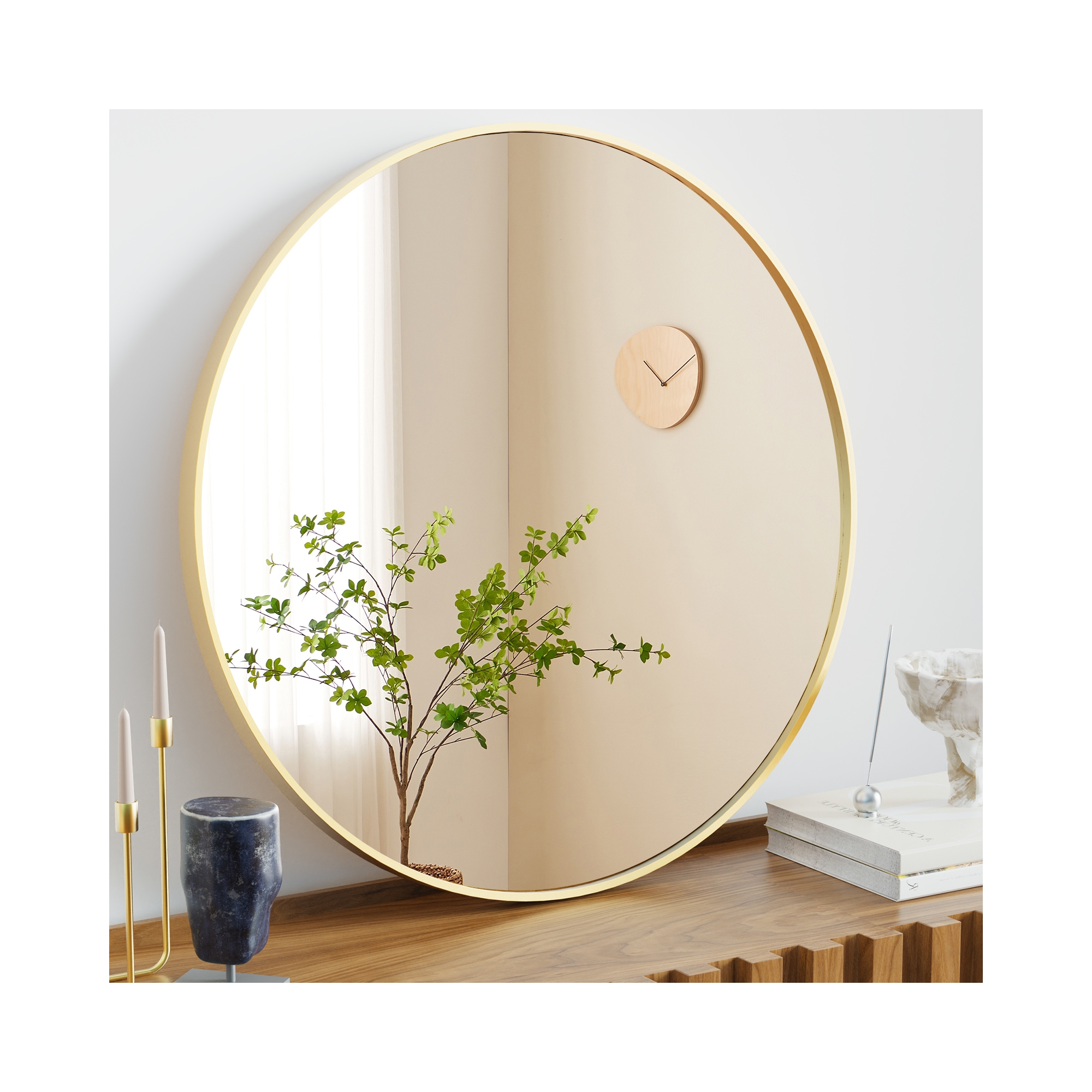 Bestier Round Mirror for Wall Decor, 24" Wall Mounted Circle Vanity Mirrors with Gold Frame, Modern Decoration for Bathroom, Living Room, Entryway