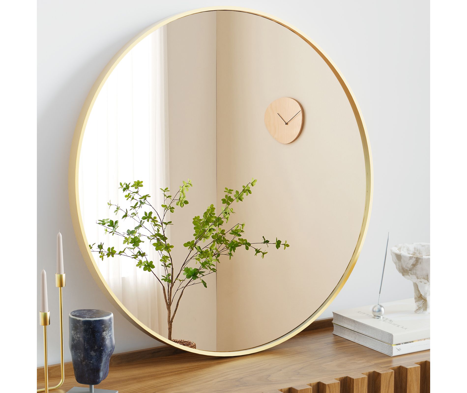 Bestier Round Mirror for Wall Decor, 24" Wall Mounted Circle Vanity Mirrors with Gold Frame, Modern Decoration for Bathroom, Living Room, Entryway
