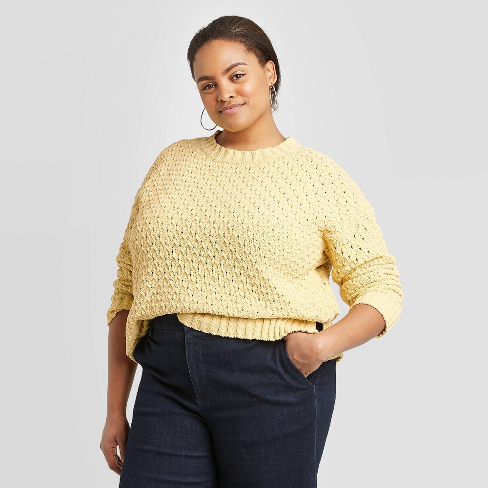Women's Plus Size Crewneck Textured Pullover Sweater - A New Day Yellow 1X, Women's, Size: 1XL was $29.99 now $20.99 (30.0% off)