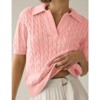 Women's Cable Short Sleeve Sweaters Tops Solid Lapel V Neck Cable Knit Casual Soft Pullover Shirt - 2 of 4