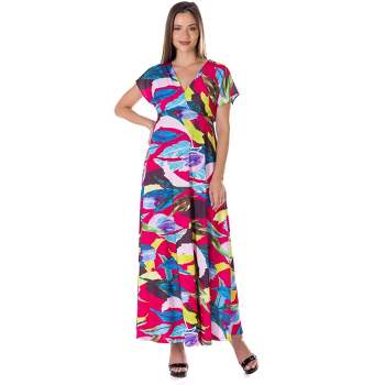 24seven Comfort Apparel Womens Floral Print V Neck Empire Waist Cap Sleeve Maxi Dress