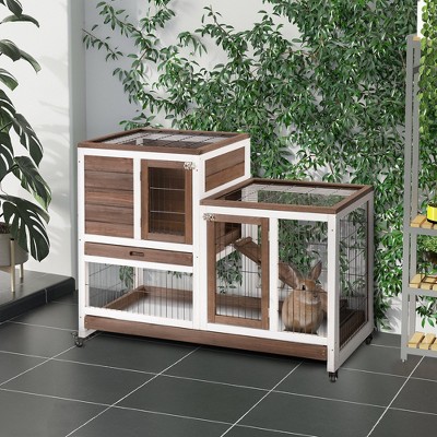 Brown and White Wooden Rabbit Hutch with Enclosed Run and Wheels