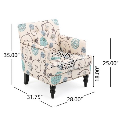 Large Blue and White Floral Microfiber Accent Chair with Wood Legs