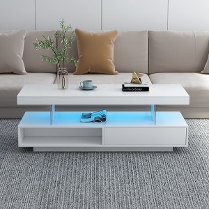 51"W Coffee Table Cocktail Table Center Table Accent Table with LED Lights, 2 Drawers and Display Shelves, White/Black-ModernLuxe - 1 of 4