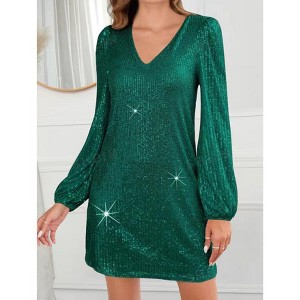 Women's Long Sleeve V-Neck Sequin Party Dress - Knee-Length Evening Gown (S-2XL) - 1 of 4