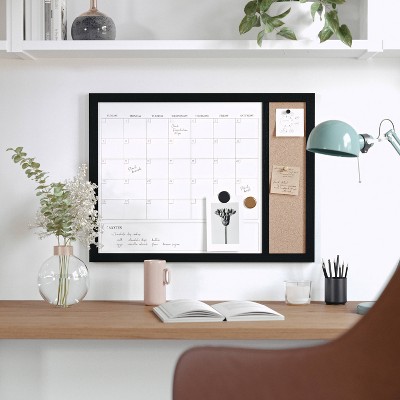 Martha Stewart Magnetic Dry Erase Monthly Calendar & Cork Board Combo Woodgrain Frame Black: Wall Organization & Desk Organizer