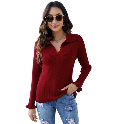 Womens Polo Sweaters V Neck Long Sleeve Collared Sweater Fall Lightweight Knit Pullover Jumper Tops Ruffle Casual Knitwear