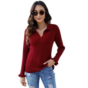 Womens Polo Sweaters V Neck Long Sleeve Collared Sweater Fall Lightweight Knit Pullover Jumper Tops Ruffle Casual Knitwear - 1 of 4