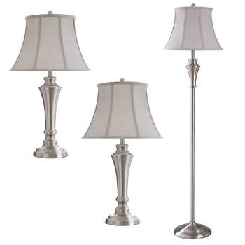 2 Table Lamps and 1 Floor Lamp Brushed Nickel with Taupe Fabric Shades - StyleCraft