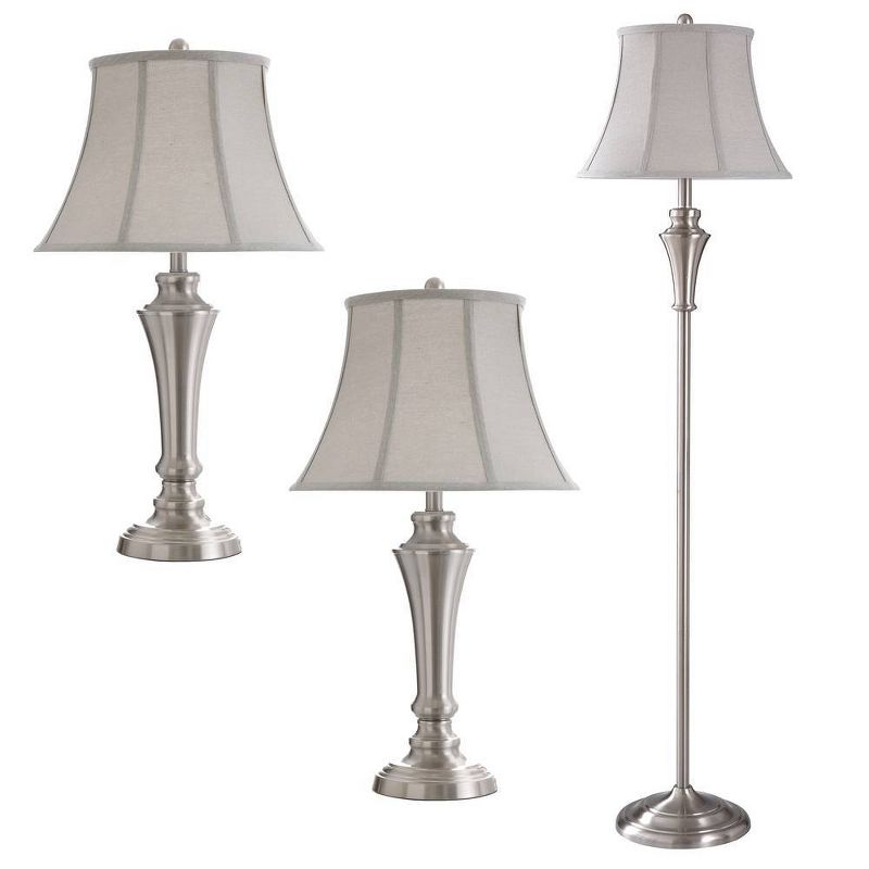 2 Table Lamps and 1 Floor Lamp Brushed Nickel with Taupe Fabric Shades - StyleCraft, 1 of 21