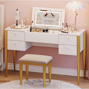 Acekool 47" Makeup Vanity Desk with Flip Top Mirror, LED Lights, 3 Lighting Modes, 5 Drawers, 3-in-1 Table with Chair, White & Gold - 1 of 4