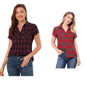 Allegra K Women's Classic Short Sleeve Button Down Plaid Shirt 2 Pcs - 1 of 4