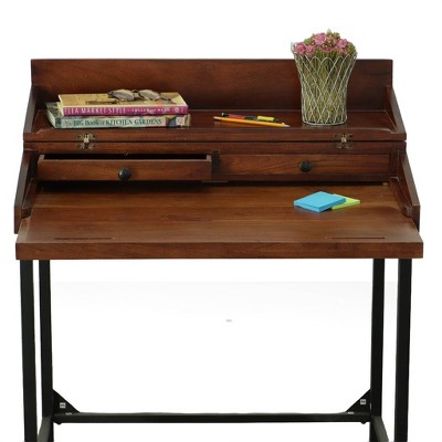 Chestnut Mango Wood Writing Desk with Black Iron Frame and Drawers