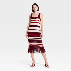 Women's Bodycon Midi Fringe Sweater Dress - A New Day Burgundy Striped XS  : Target