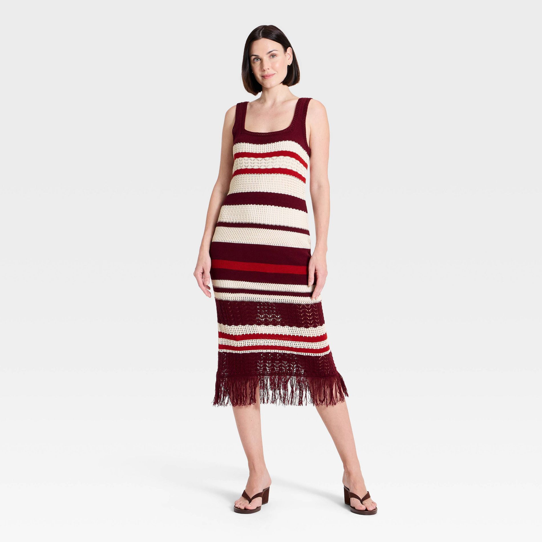 Women's Bodycon Midi Fringe Sweater Dress - A New Day™ Burgundy Striped