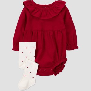 Carter's Just One You® Baby Girls' 2pc Heart Ruffle Romper with Tights Set - Red - 1 of 4