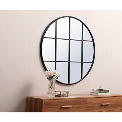 Black Round Metal Windowpane Mirror with MDF Backing