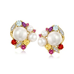 Ross-Simons 4-9mm Cultured Pearl and 1.08 ct. t.w. Multi-Gemstone Earrings in 18kt Gold Over Sterling - 1 of 3