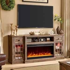 SinCiDo TV Stand with 36″ Electric Fireplace, 70″ Farmhouse Highboy Entertainment Center with LED Lights & Glass Door Cabinet & Drawer - 1 of 4