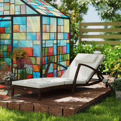 Beige Wicker Outdoor Chaise Lounge with Cushions and Wheels