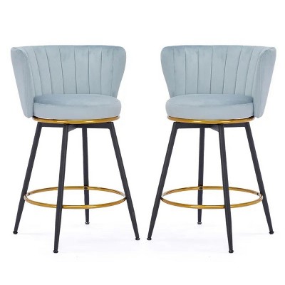 20'' Blue Counter Height Bar Stools Set of 2, 360° Swivel Upholstered Barstools