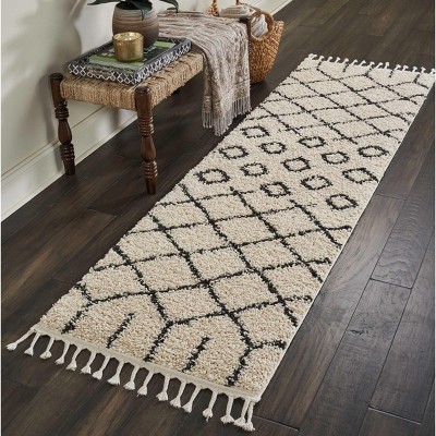 Handmade Moroccan Diamond Shag Runner Rug in Black, 26"x8"