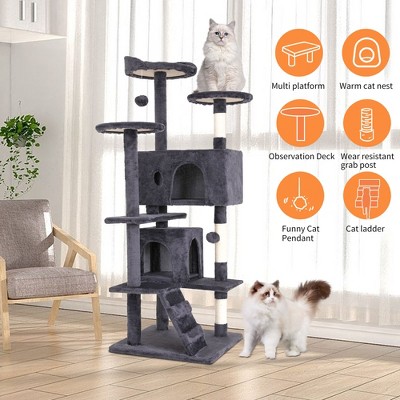 54" Gray Multi-Level Cat Tree Tower with Sisal Posts