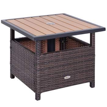 Outsunny 22'' Rattan Wicker Side Table with Steel Frame, Umbrella Insert Hole, Sand Bag for Outdoor, Patio, Garden, Backyard