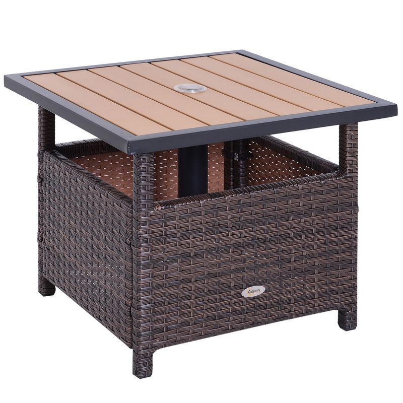 Outsunny 22'' Rattan Wicker Side Table with Steel Frame, Umbrella Insert Hole, Sand Bag for Outdoor, Patio, Garden, Backyard, 1 of 9