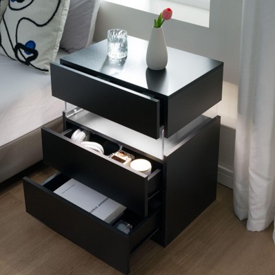 Angel Sar LED Nightstand with 3 Drawers, Black Bedside Table with 3 Modes LED Lights
