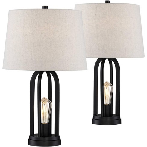 360 Lighting Modern Industrial Black Table Lamps Set Of 2 With Nightlight Led Usb Port Linen Shade For Living Room Bedroom Target
