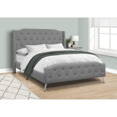 Monarch Specialties Bed, Queen Size, Bedroom, Upholstered, Grey Linen Look, Chrome Metal Legs, Transitional