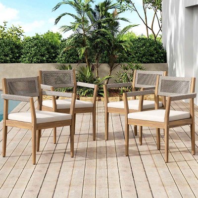 Set of 4 Outdoor Dining Chairs, Acacia Wood Frame Chairs with Armrests, Braided Rope Chair with Beige Polyester Cushions-Coolbibila