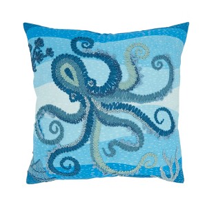 Saro Lifestyle Outdoor Embroidered Octopus Poly Filled Pillow, 20"x20", Blue - 1 of 4