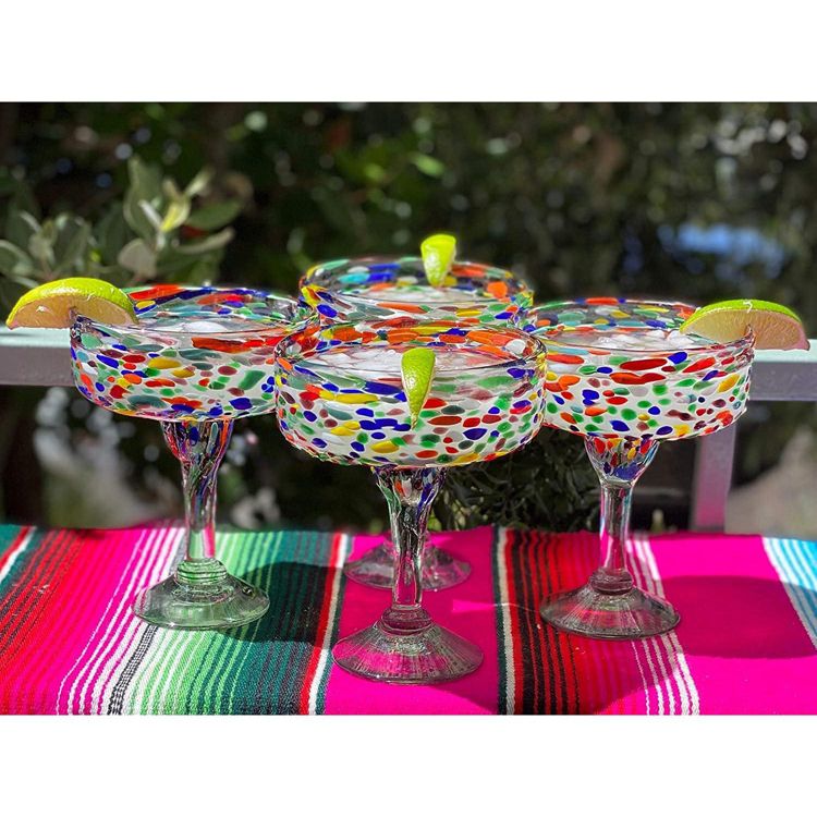 Dos Sueños Mexican Hand Blown  Margarita Glasses - Confetti Rock Design - 16oz - Set of 4, 4 of 7