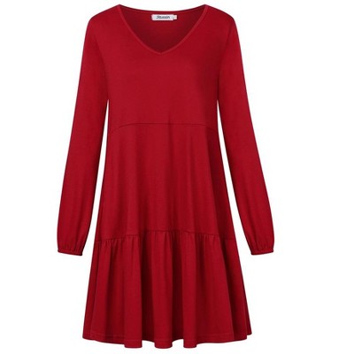 Women's V Neck Shift Dresses Casual Babydoll Knee Length Dress with Pockets