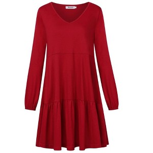 Women's V Neck Shift Dresses Casual Babydoll Knee Length Dress with Pockets - 1 of 4