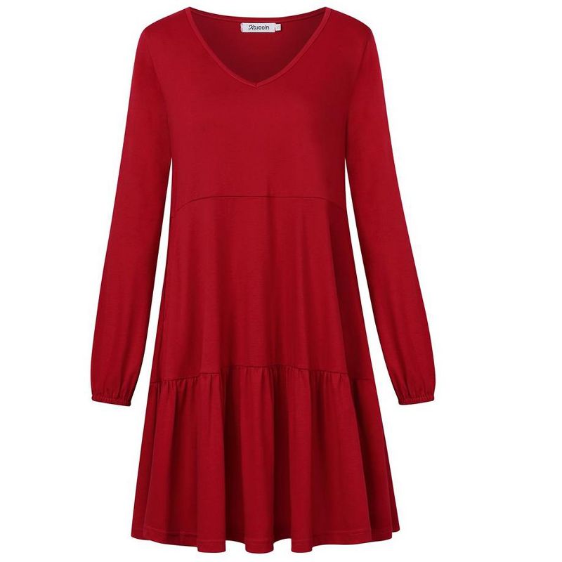 Women Long Sleeve Tiered Ruffle Dresses V-Neck Loose Tunic Pleated Dress with Pockets, 1 of 6
